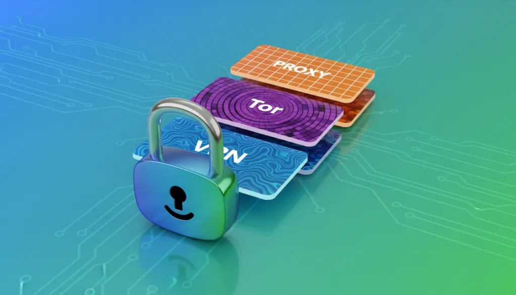 A strategic layered defense diagram showing VPN, Tor, and a proxy as layers, with a lock icon representing security, symbolizing a personal censorship circumvention strategy for accessing geo-restricted content